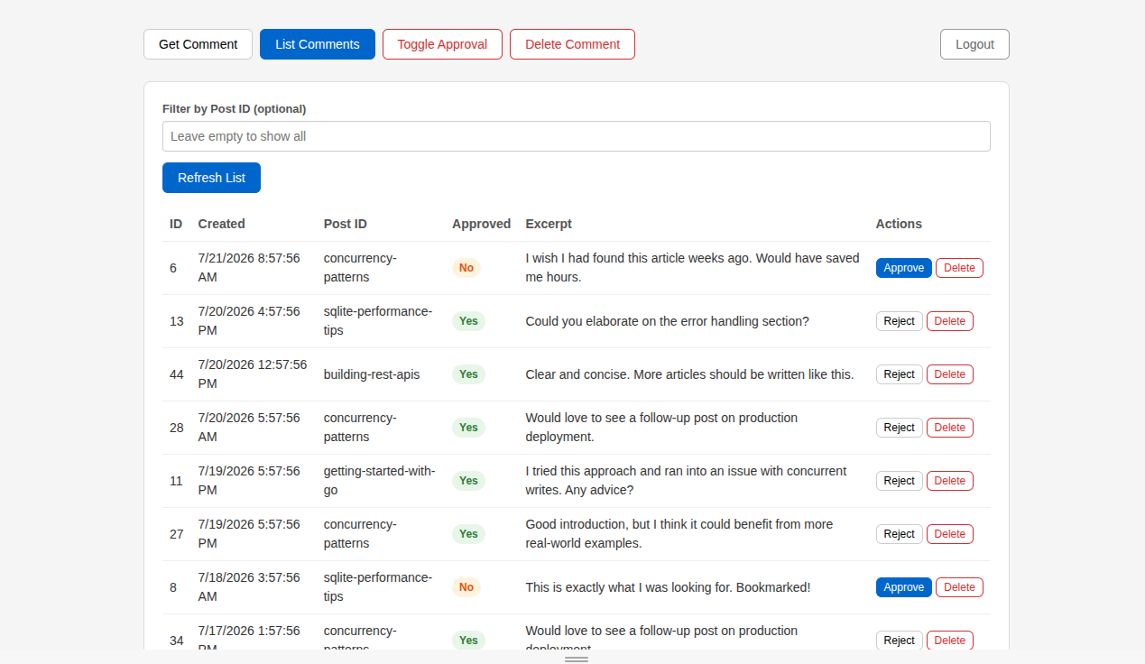 ReplyForge admin dashboard showing pending comments with approve and delete buttons